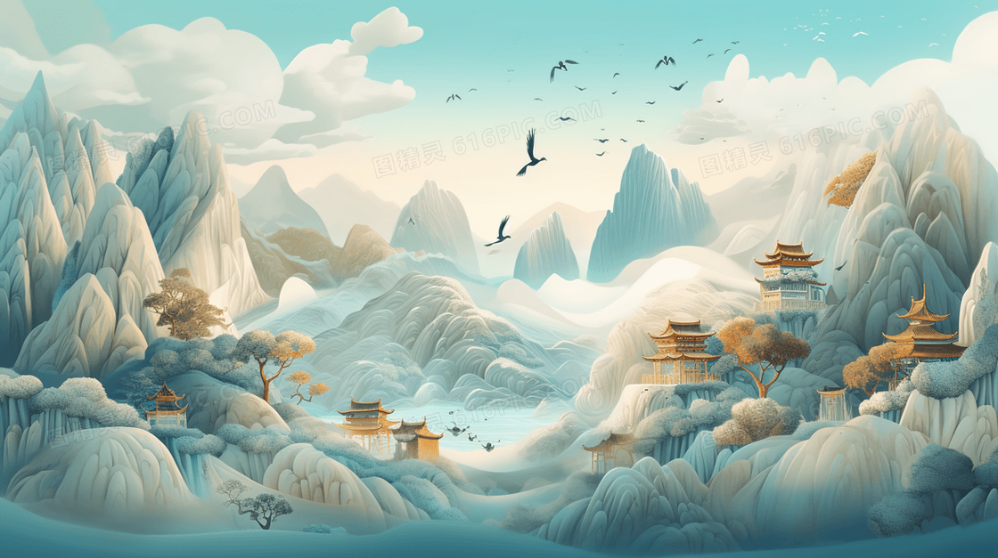 中国风古典风景美景插画