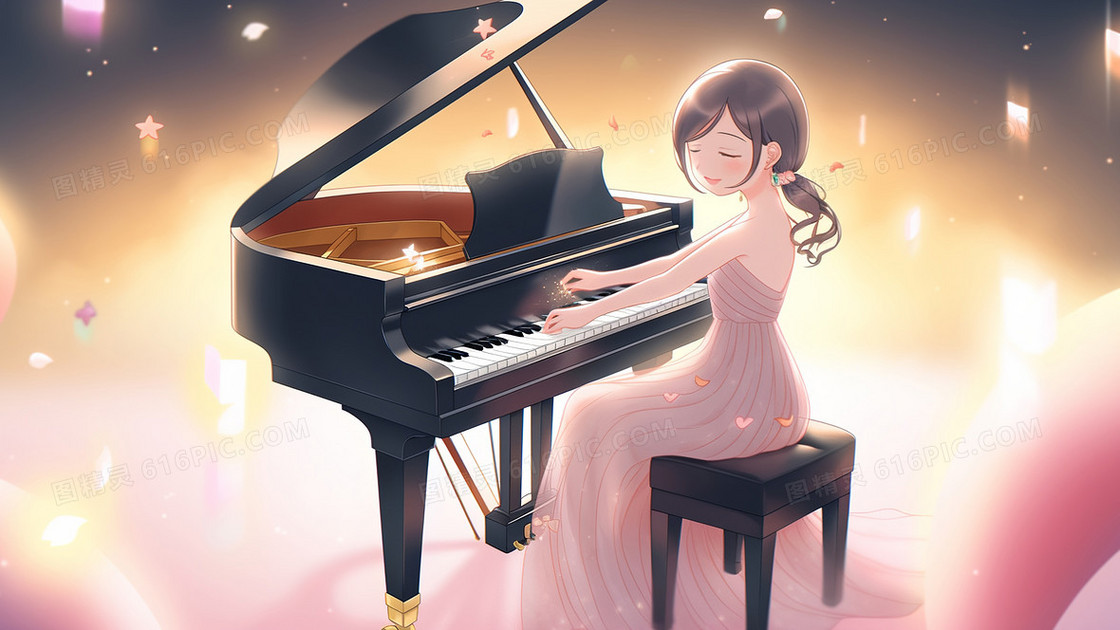 可爱的长发女孩穿着美丽的晚礼服在弹钢琴创意插画