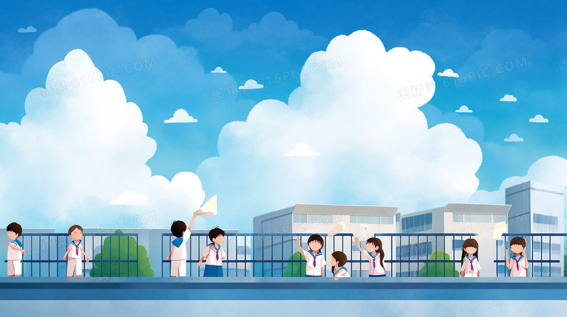 校园内毕业季学生在围栏挥舞插画