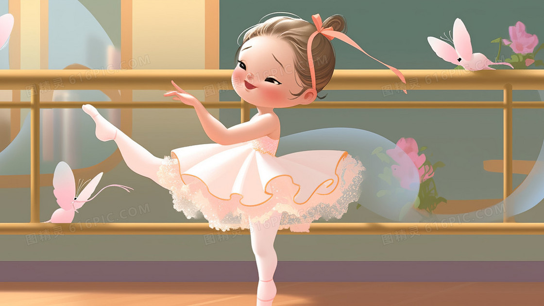 可爱的小女孩在舞蹈教室练习芭蕾舞创意插画