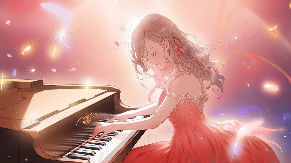 唯美漫画风美丽的女孩优雅的弹钢琴创意插画
