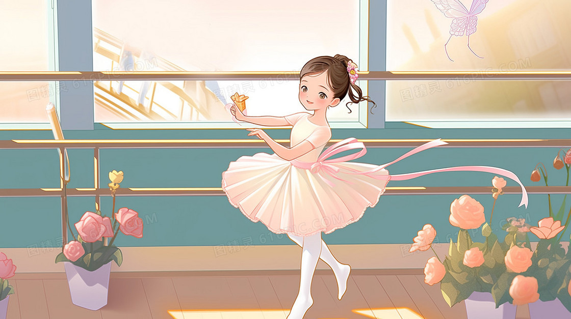 可爱的小女孩在舞蹈教室练习芭蕾舞创意插画