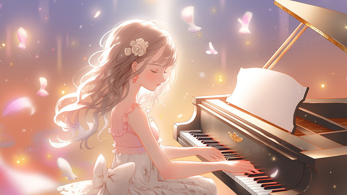 唯美漫画风美丽的女孩优雅的弹钢琴创意插画