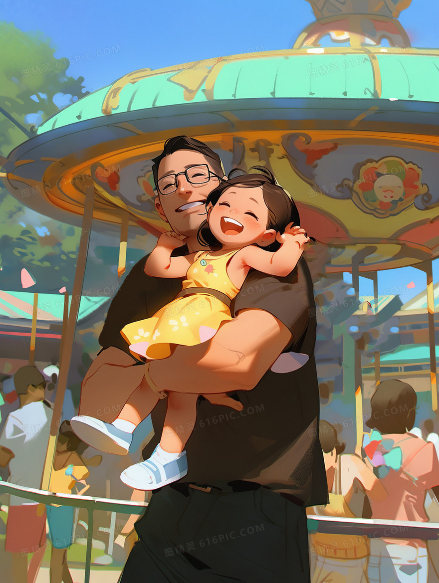 父亲节爸爸抱着着女儿在游乐园开心的玩耍插画