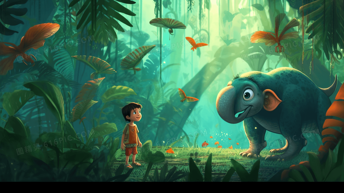 卡通小孩森林探险插画