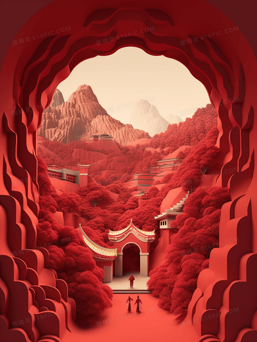 红色传统古代中国风建筑风景