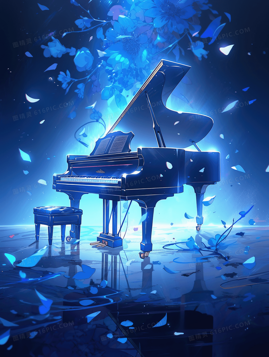 蓝色梦幻音乐钢琴插画