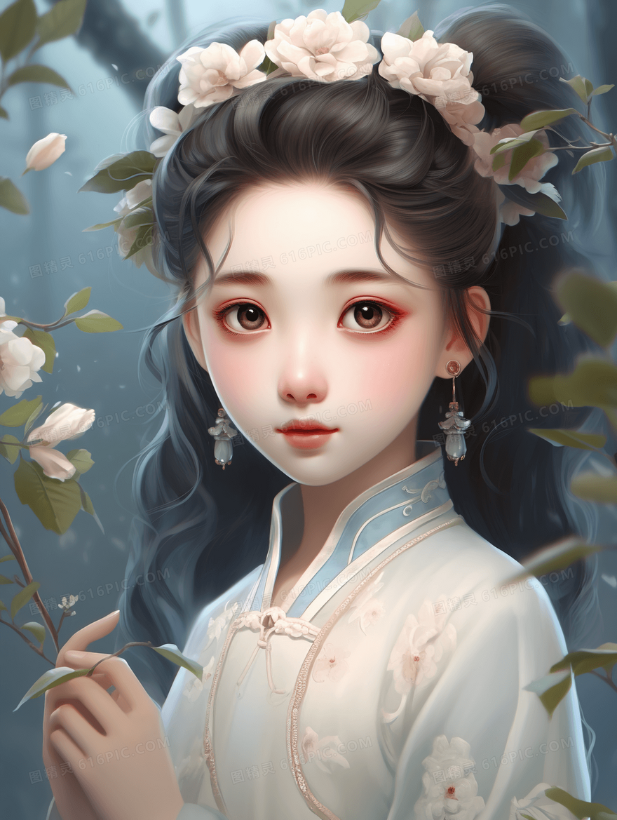 彩色中国风美女古风插画