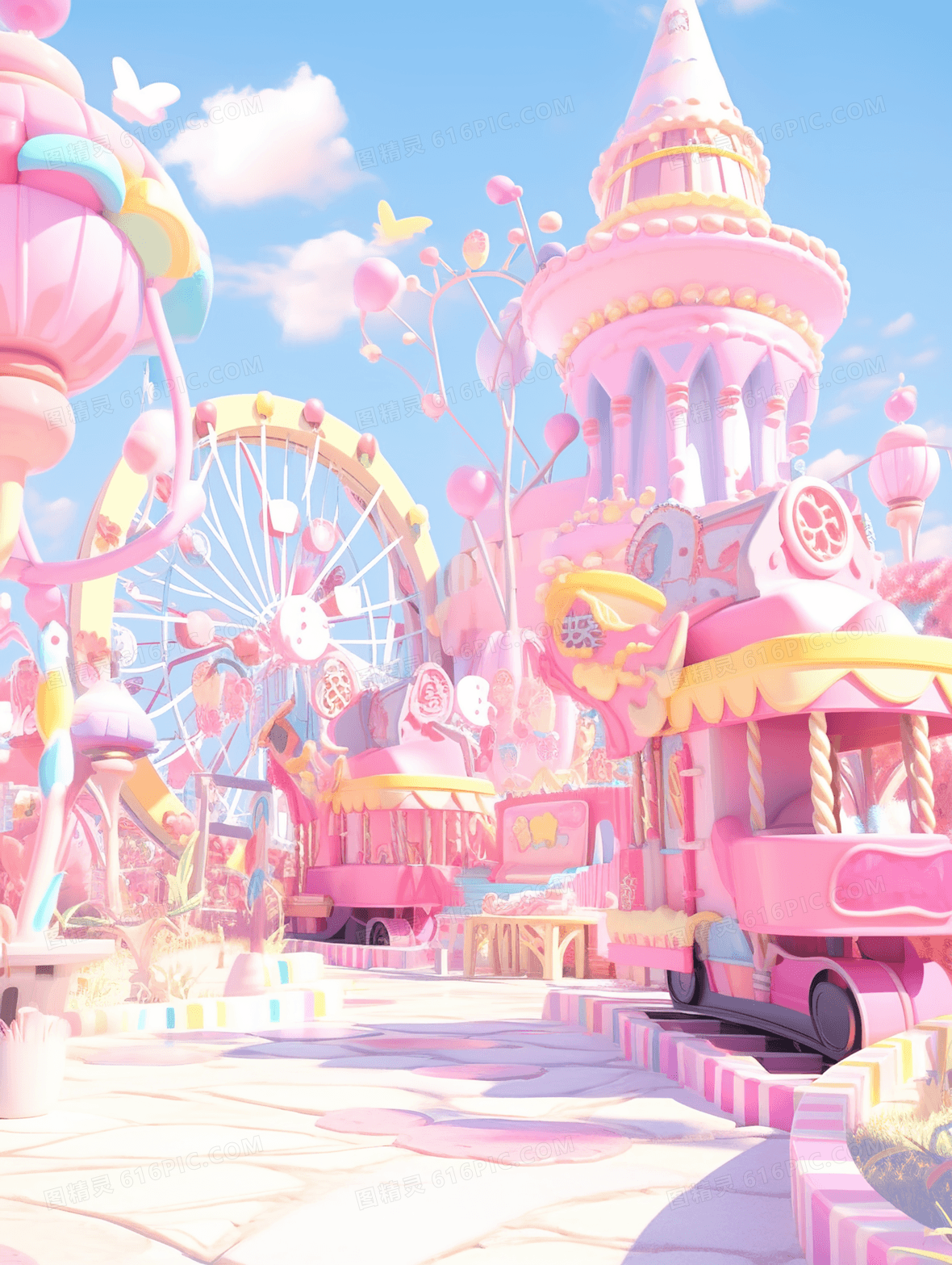 粉色立体3d卡通游乐场插画