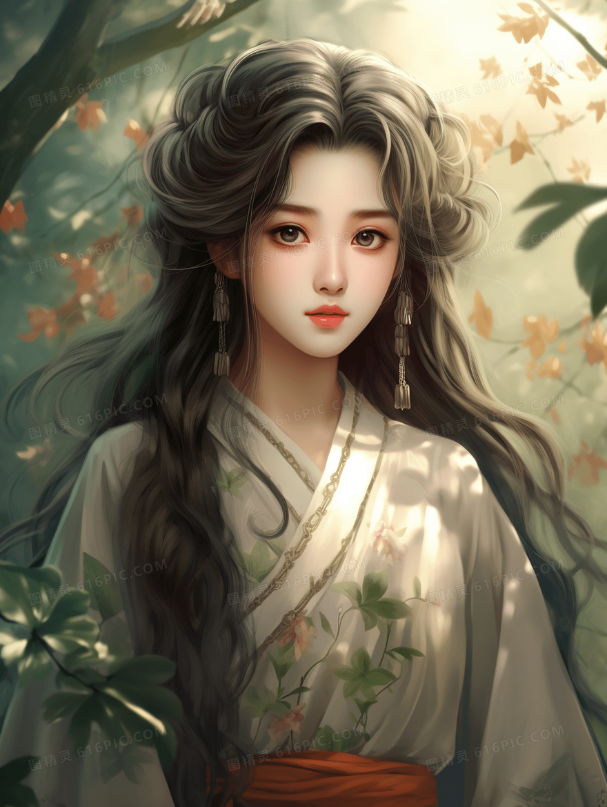 彩色中国风美女古风插画