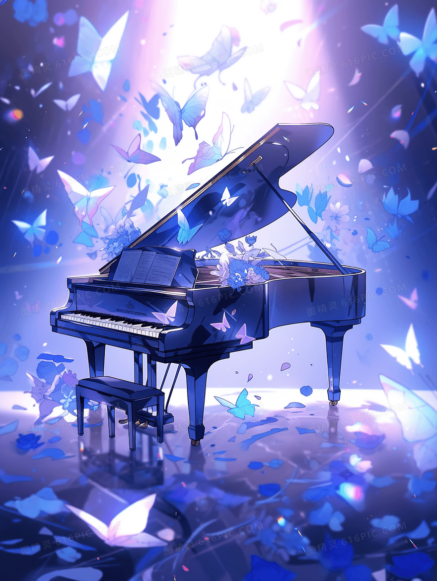 蓝色梦幻音乐钢琴插画