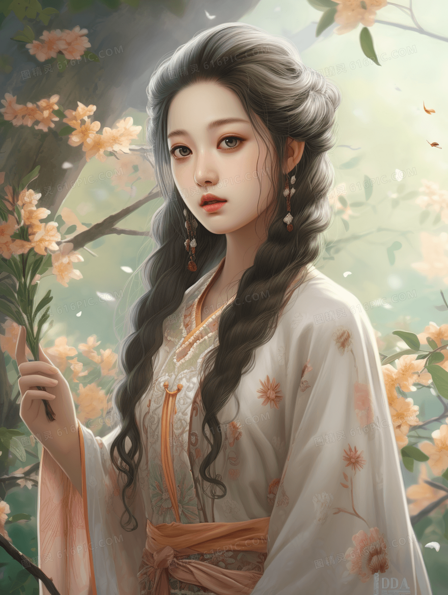 彩色中国风美女古风插画