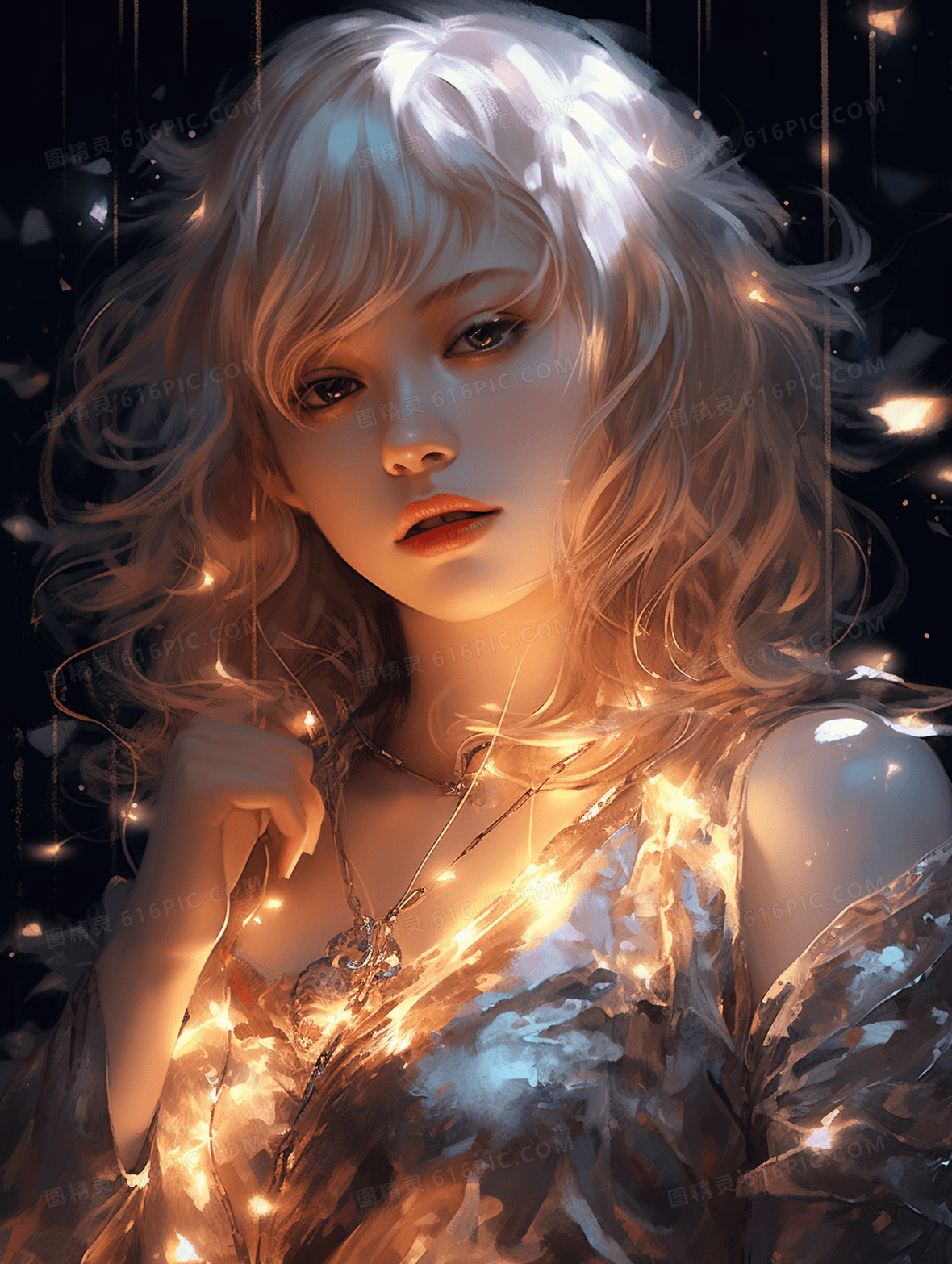 金色唯美手绘女孩插画