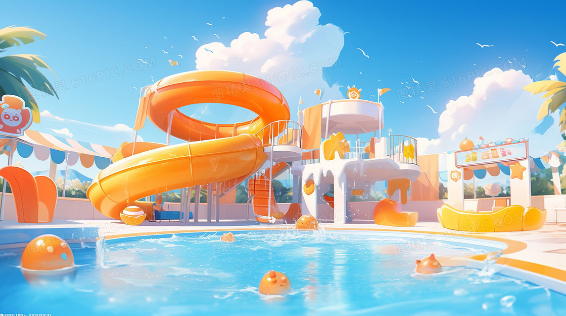炎热夏天水上乐园里巨大的蓝色游泳池创意插画
