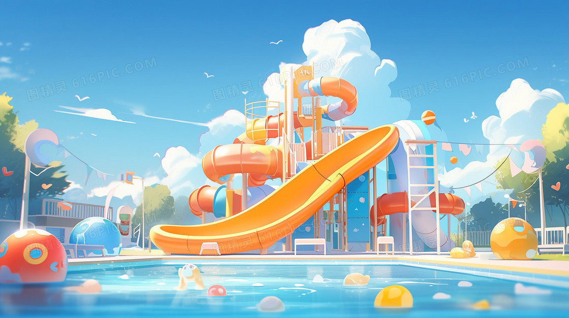 炎热夏天水上乐园里巨大的蓝色游泳池创意插画