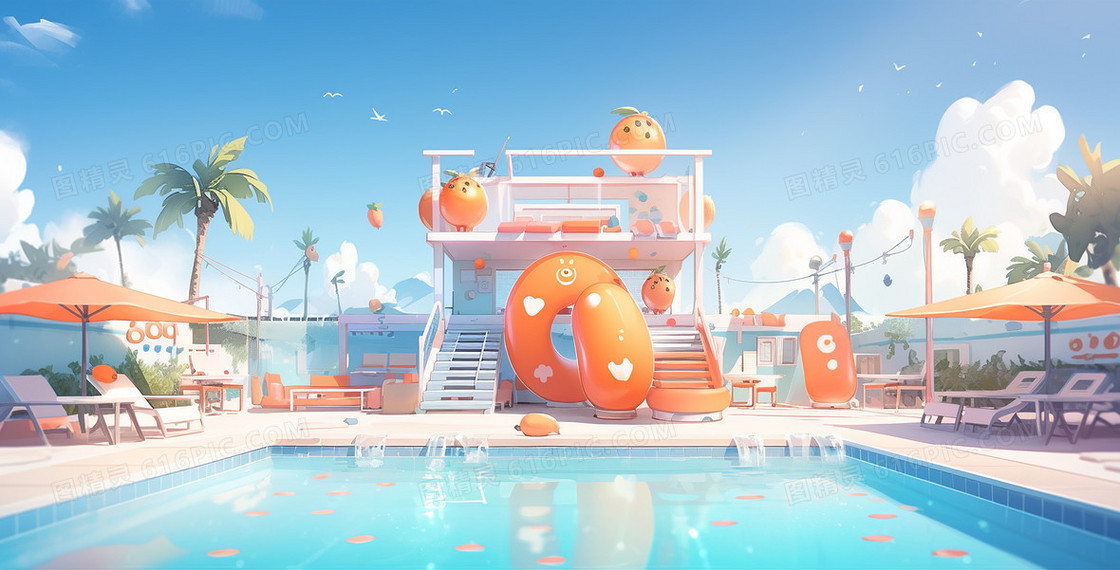 炎热夏天水上乐园里巨大的蓝色游泳池创意插画