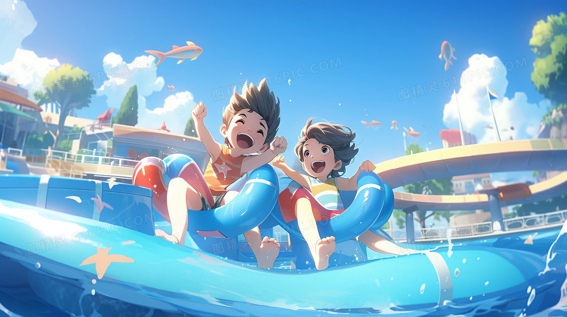 可爱的孩子们在夏日水上乐园开心的玩耍创意插画
