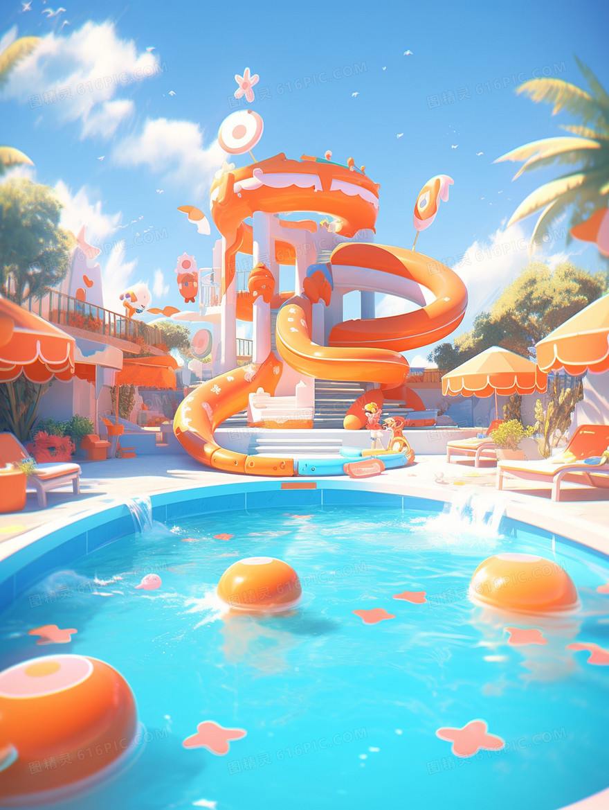 炎热夏天水上乐园里巨大的蓝色游泳池创意插画