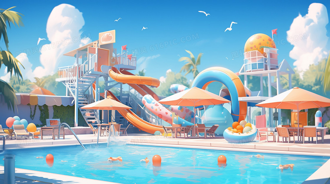 炎热夏天水上乐园里巨大的蓝色游泳池创意插画