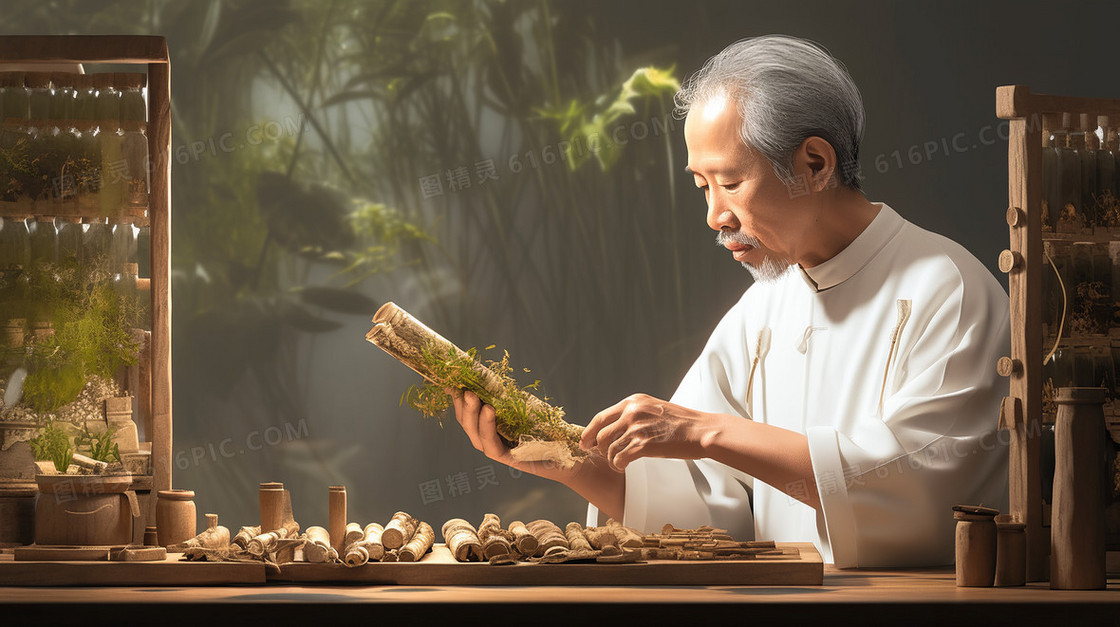 老中医拿着草药在仔细检查
