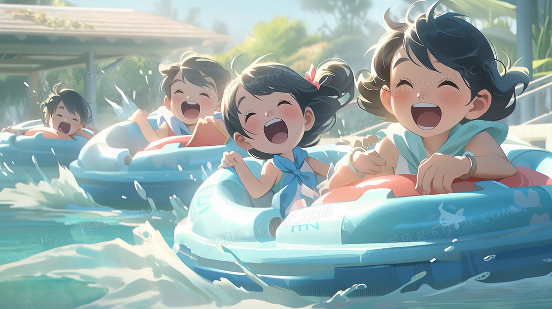 可爱的孩子们在夏日水上乐园开心的玩耍创意插画