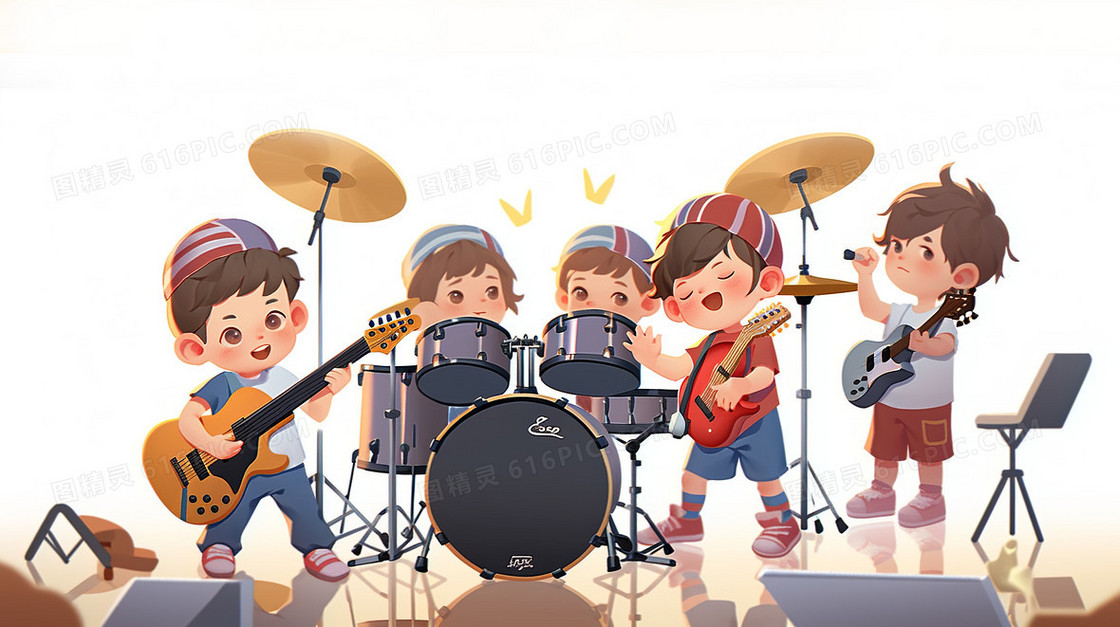 卡通可爱儿童乐队组合在表演节目创意插画