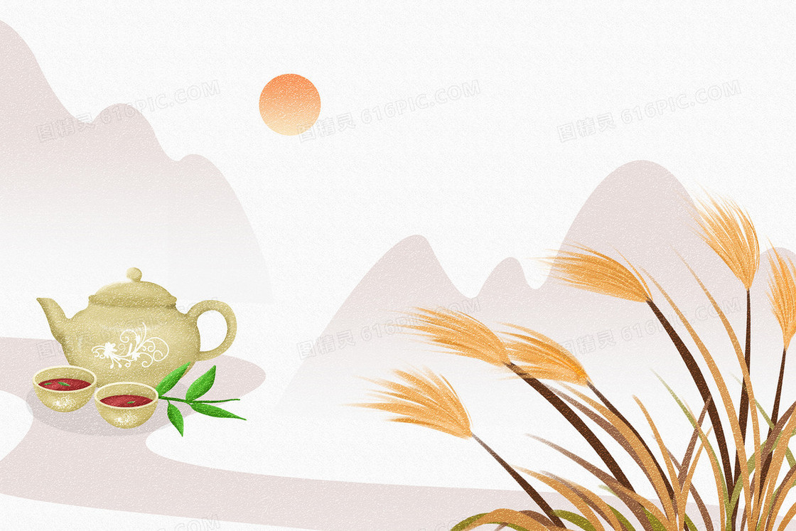白露茶芦苇节气传统节日插画
