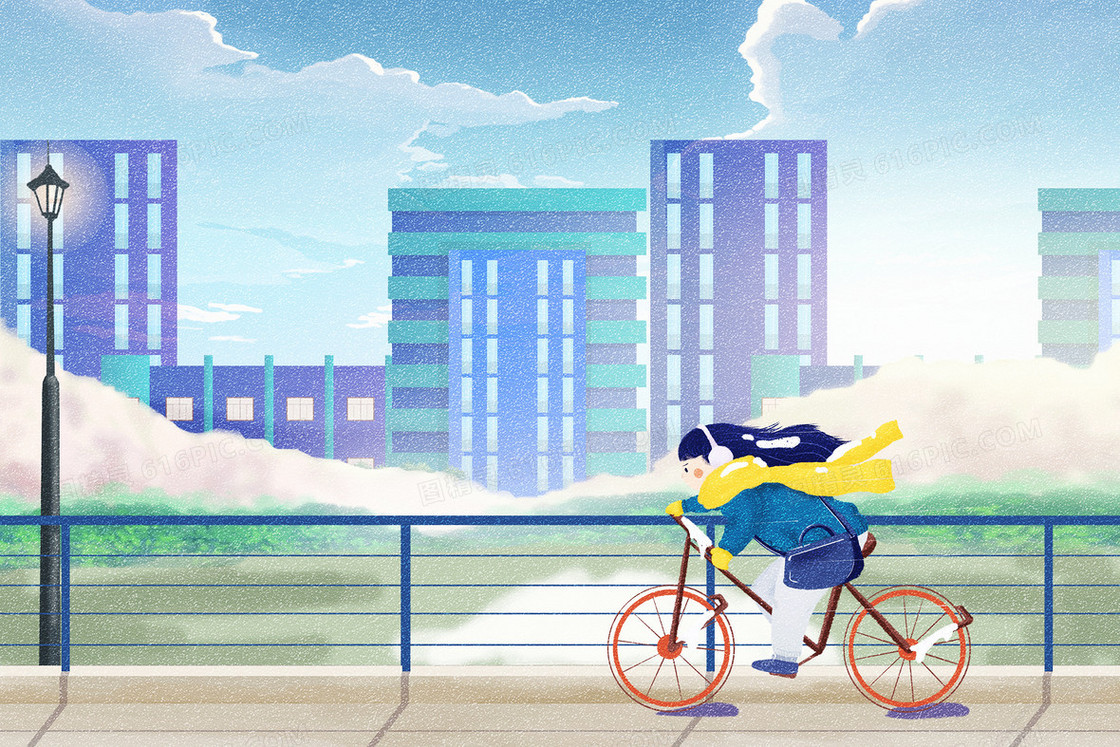 城市建筑女孩在街道骑行日插画