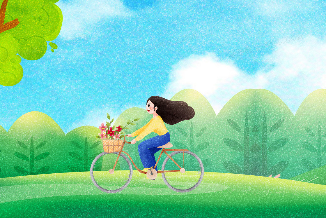 草地骑车出行低碳生活插画