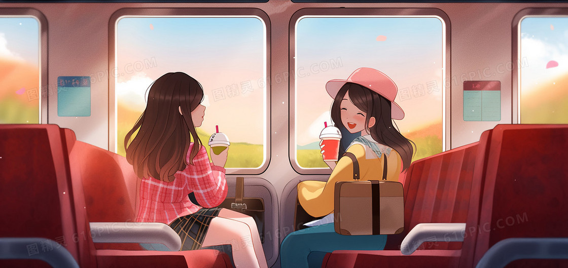 两个可爱的女孩坐在火车上去远方旅行创意插画