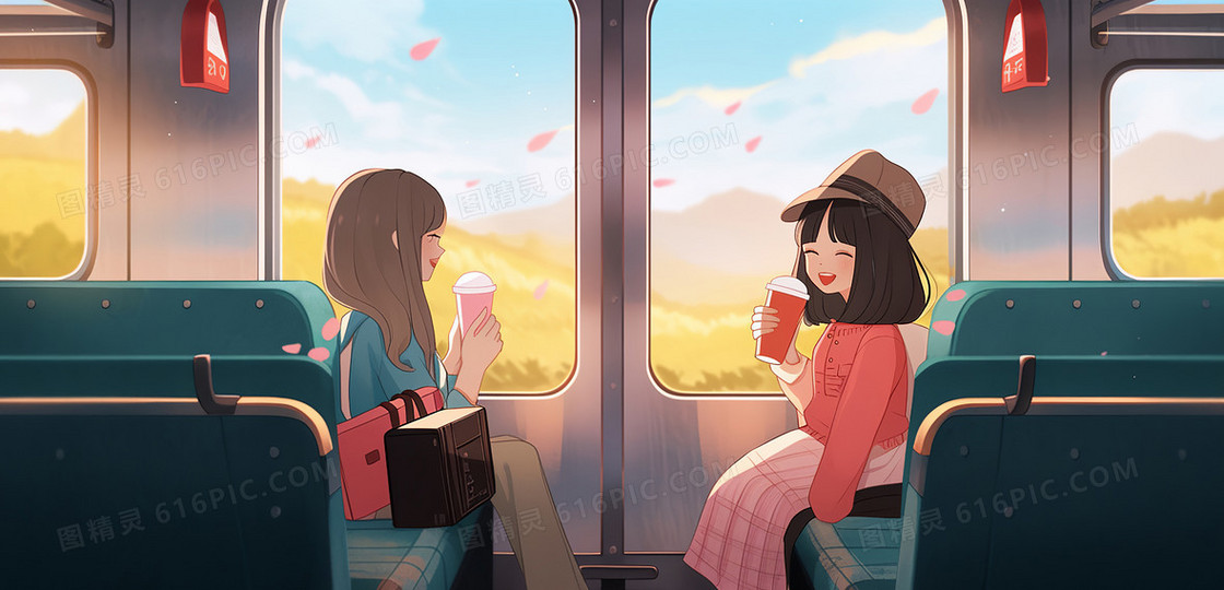 两个可爱的女孩坐在火车上去远方旅行创意插画