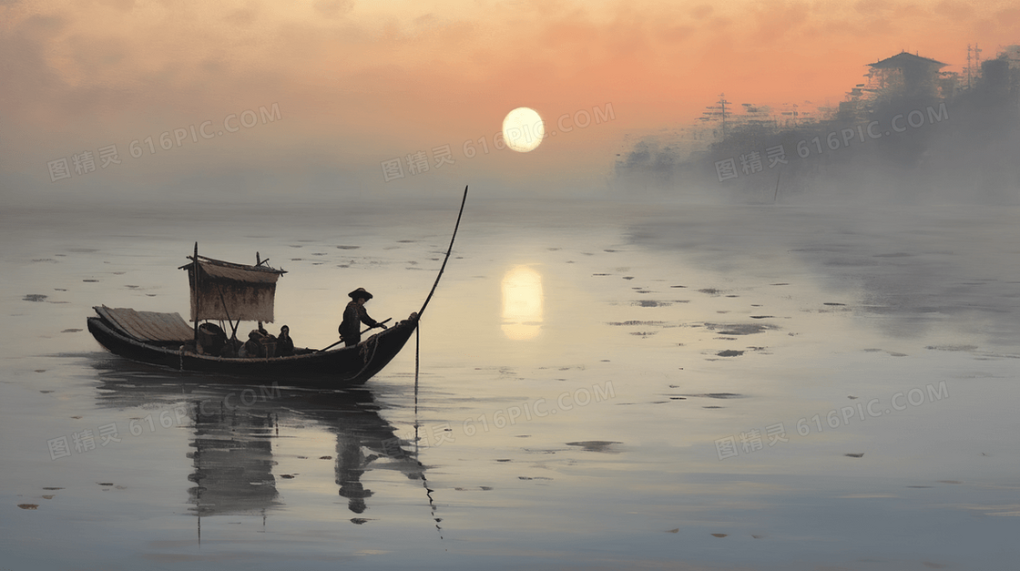 中国风古典泛舟湖上意境插画