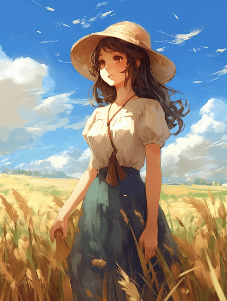 夏季女孩田野唯美插画