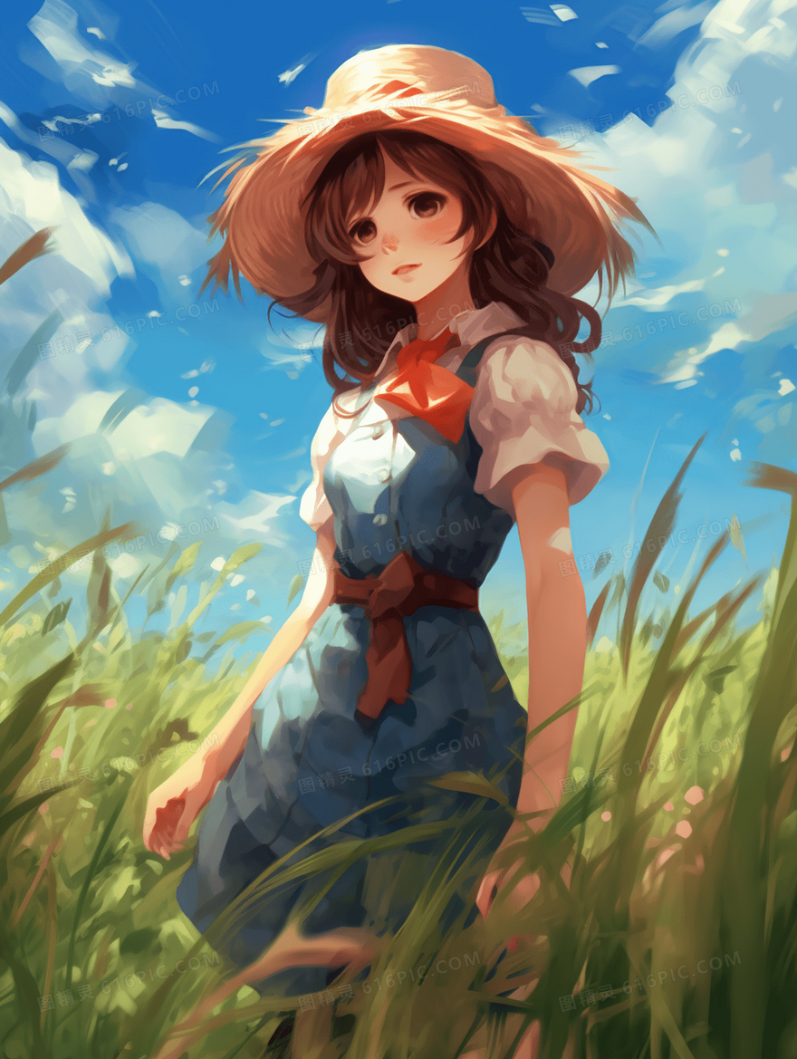 夏季女孩田野唯美插画