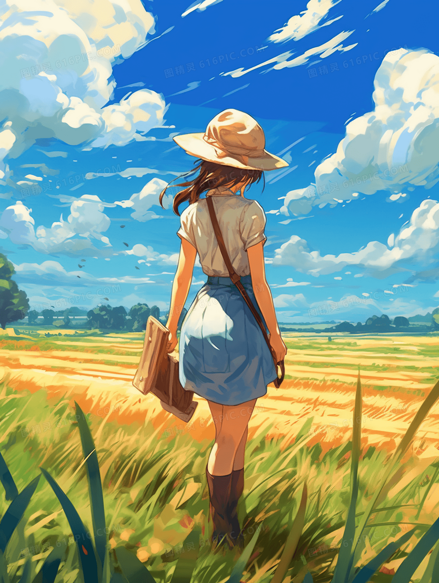 夏季女孩田野唯美插画