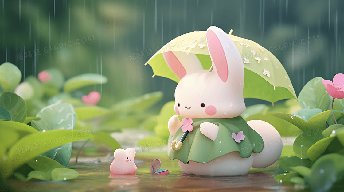 绿色夏季唯美卡通可爱小兔子