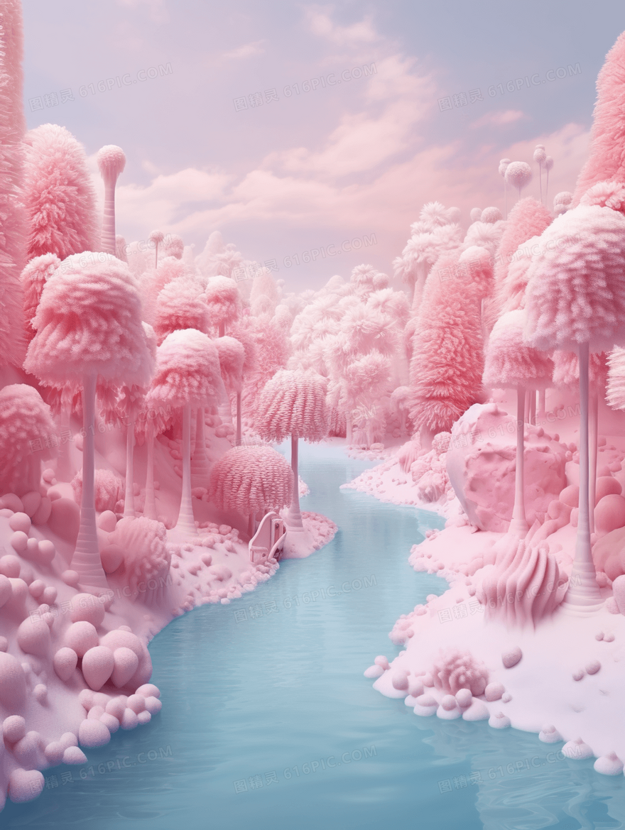 粉色唯美植物虚拟热带风景合成图片