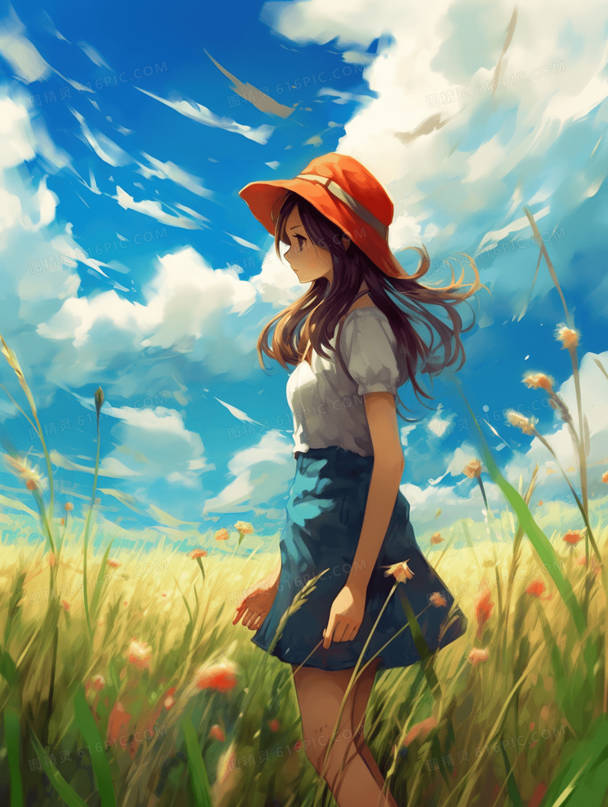 夏季女孩田野唯美插画