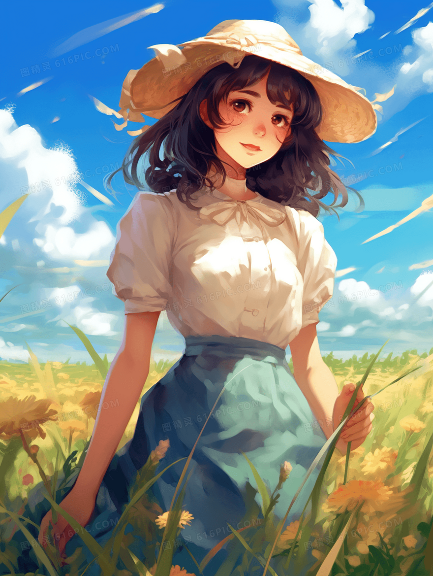 夏季女孩田野唯美插画