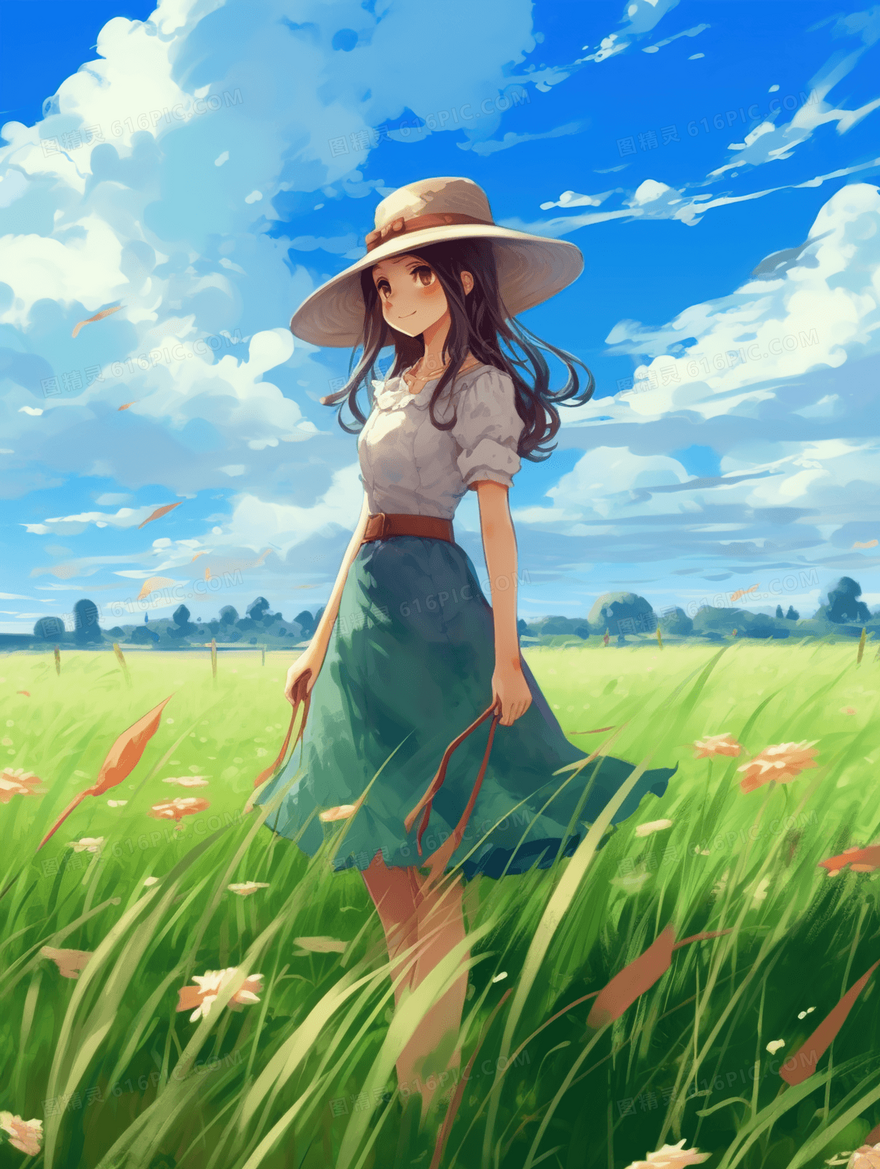 夏季女孩田野唯美插画