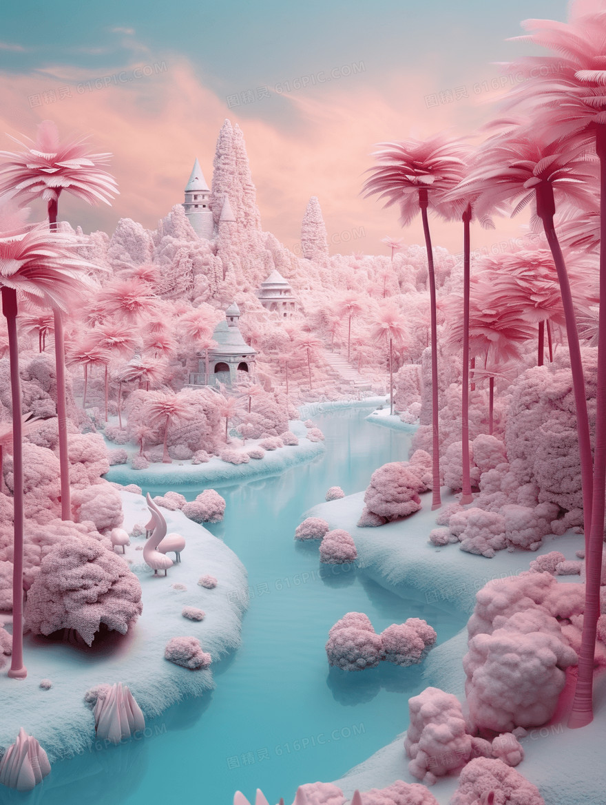粉色唯美植物虚拟热带风景合成图片