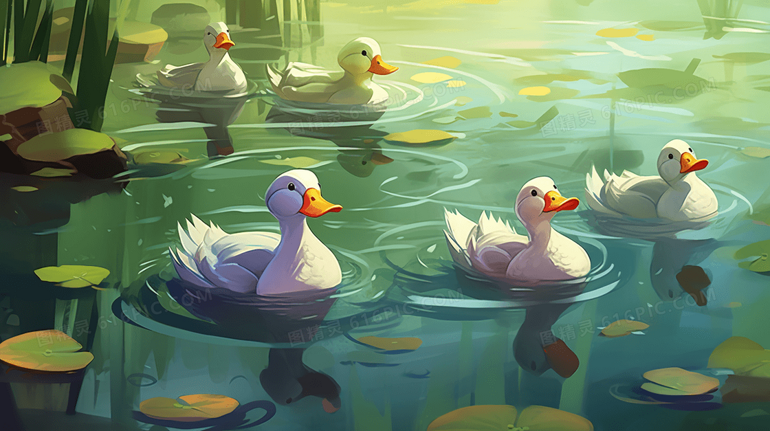 彩色卡通夏季池塘中的小鸭子