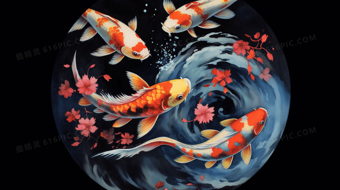 彩色中国风锦鲤鲤鱼插画