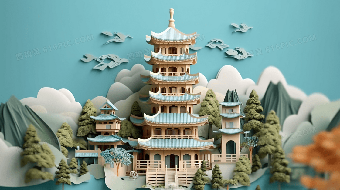 彩色古典建筑塔风景插画