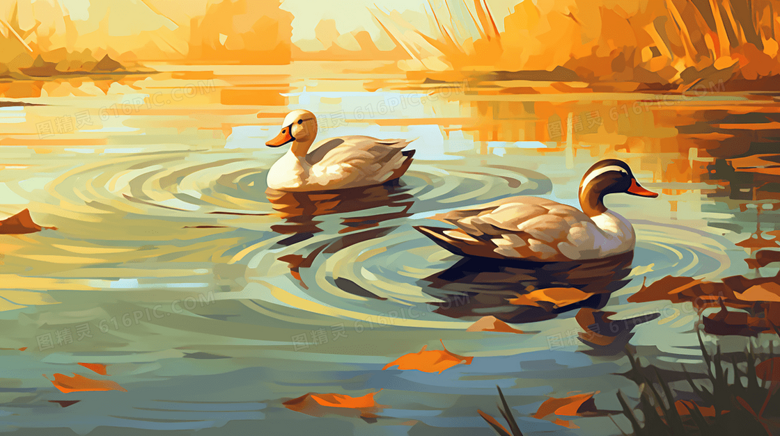 彩色卡通夏季池塘中的小鸭子