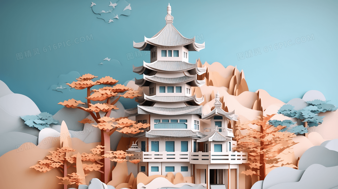 彩色古典建筑塔风景插画