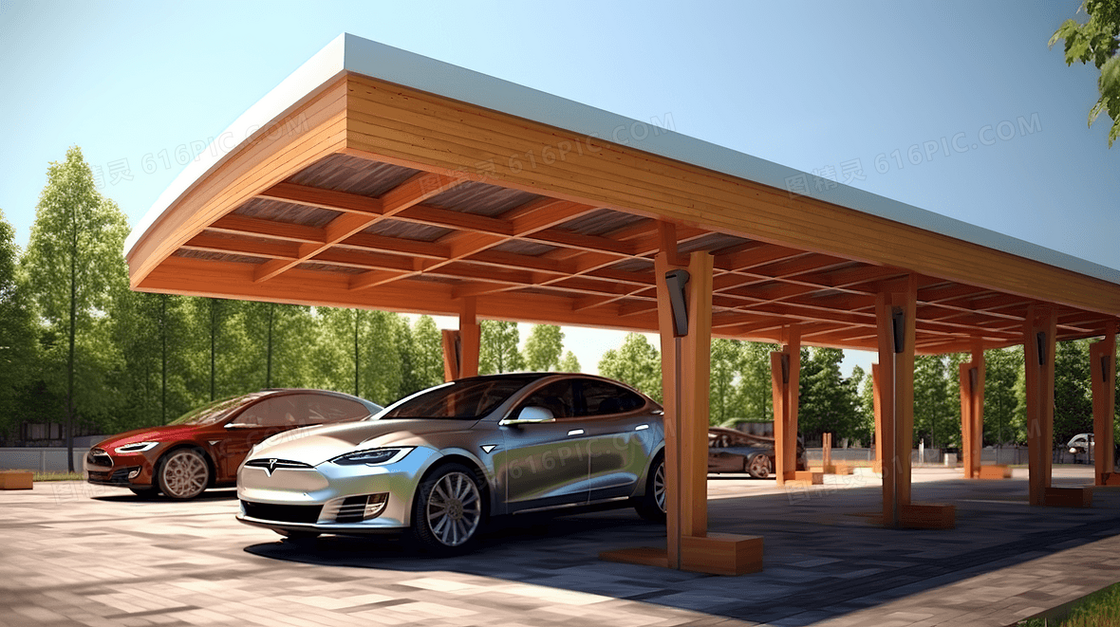 科技感停车场里的新能源汽车创意合成图