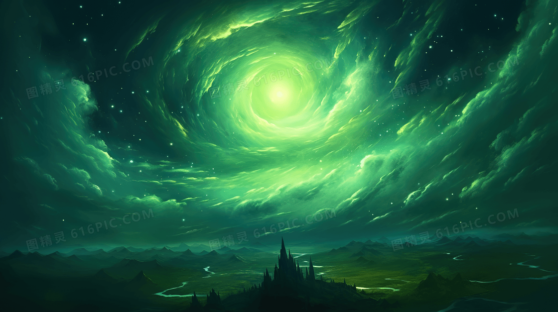 唯美梦幻的绿色星云星空下的城堡创意插画