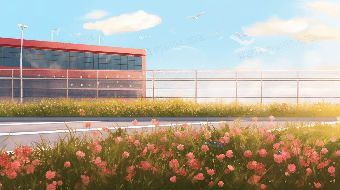 学校操场和教学楼远景插画