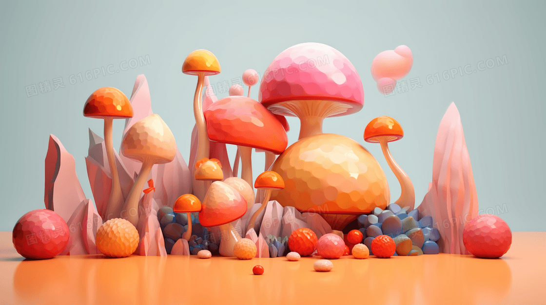 五彩斑斓的彩色蘑菇模型创意图片